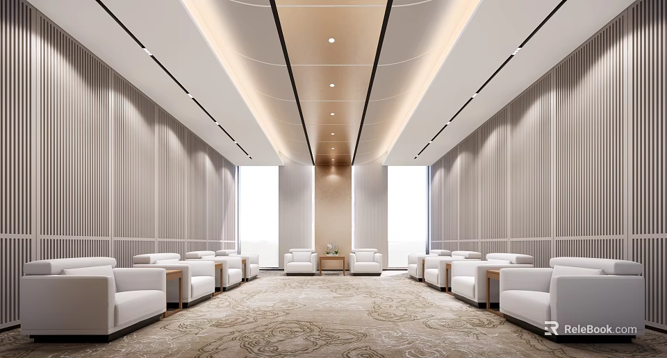 Hotel Public Lounge Area with White Sofas Symmetrical Arrangement Large Windows and Ornate Carpet 3d model 