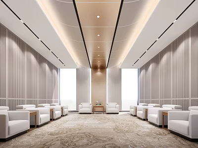 Hotel Public Lounge Area with White Sofas Symmetrical Arrangement Large Windows and Ornate Carpet 3d model