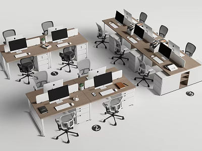 Modern Office Desks With Computer Monitors And Ergonomic Office Chairs Setup 3d model