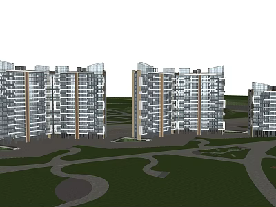 Modern High Rise Residential Complex Exterior With Green Spaces And Pathways 3d model