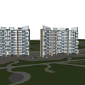 Modern High Rise Residential Complex Exterior With Green Spaces And Pathways
