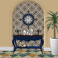 Blue Entryway Side Cabinet With Patterned Tiled Backdrop Clock Vases And Plant 3d model
