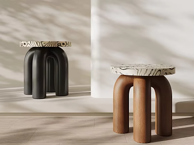 Modern Black and Brown Stools with Marble Top and Curved Legs in Minimalist Interior 3d model