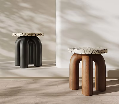 Modern Black and Brown Stools with Marble Top and Curved Legs in Minimalist Interior 3d model