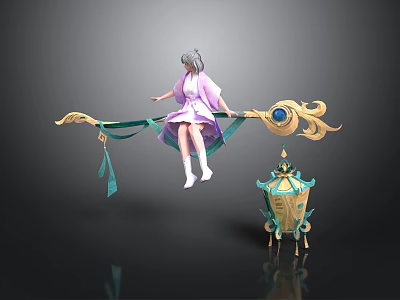Decorative Hanging Beam With Pink Kimono Girl And Blue Golden Lantern 3d model