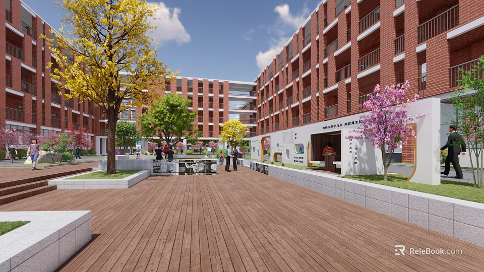 Sunny Courtyard Garden Landscape with Red Brick Buildings Wooden Deck Colorful Trees and Benches 3d model 