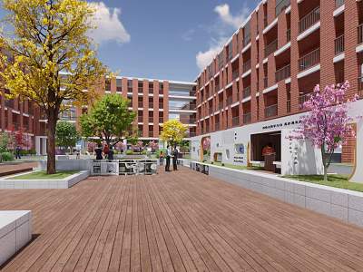 Sunny Courtyard Garden Landscape with Red Brick Buildings Wooden Deck Colorful Trees and Benches 3d model