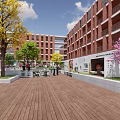 Sunny Courtyard Garden Landscape with Red Brick Buildings Wooden Deck Colorful Trees and Benches