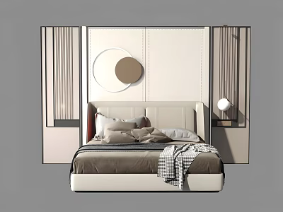 Modern Background Double Bed Interior With Circular Wall Decor Bedside Lamp And Bedding 3d model