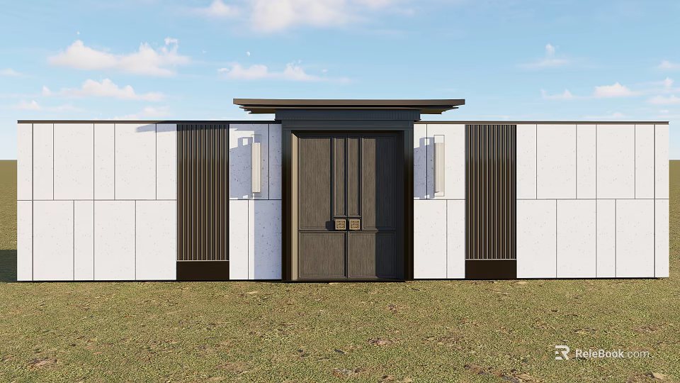 Modern Luxury Main Gate Design With Dark Wood Panels Vertical Slats White Wall Grass Lawn 3d model 