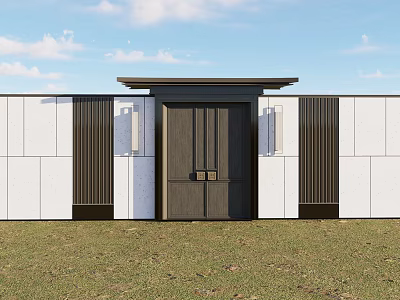 Modern Luxury Main Gate Design With Dark Wood Panels Vertical Slats White Wall Grass Lawn 3d model