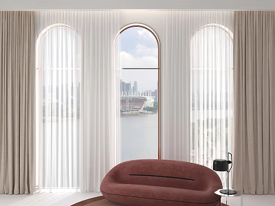 Curtains White Sheer and Beige for Arched Windows in Living Room with City River View 3d model