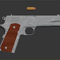 Detailed Silver Pistol With Red Grip And Bullet In Mid Air On Dark Background