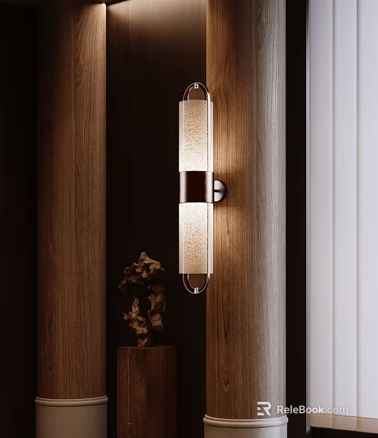 Modern Wall Sconce With Textured Glass Shade Mounted On Wooden Wall And Natural Decor Accents 3d model 