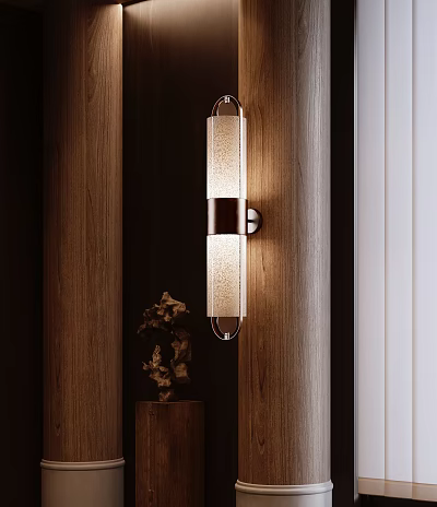Modern Wall Sconce With Textured Glass Shade Mounted On Wooden Wall And Natural Decor Accents 3d model