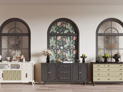 Entryway And Side Cabinets In Black White Beige With Arched Windows And Decorations 3d model
