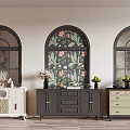 Entryway And Side Cabinets In Black White Beige With Arched Windows And Decorations