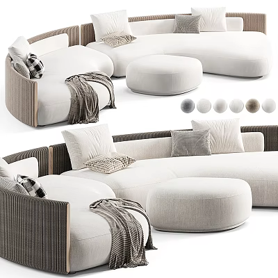 Modern Linen Multi Seater Sofa With Wooden Frame Ottoman And Neutral Pillows 3d model