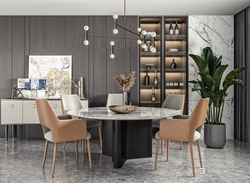 Modern Round Dining Table Set With Marble Top Black Base And Woven Chairs 3d model