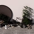 Karesansui Dry Landscape Garden With Round Wooden Screen Bamboo Rock Formations And Zen Character