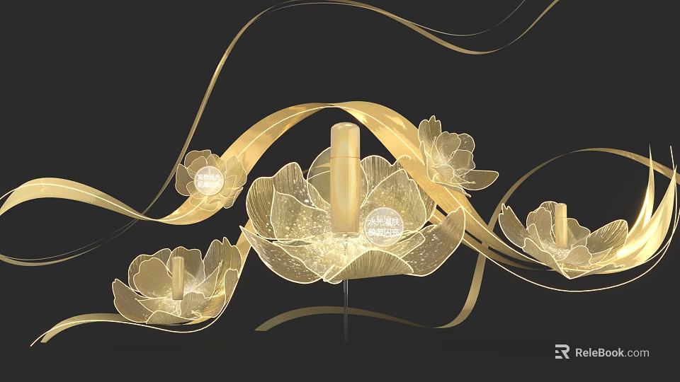 Golden Petal Art Installation With Illuminated Design Flowing Ribbons And Perfume Bottle Center 3d model 