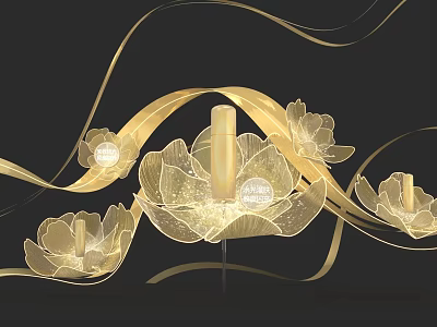 Golden Petal Art Installation With Illuminated Design Flowing Ribbons And Perfume Bottle Center 3d model