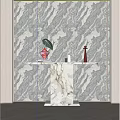Modern Console Table With Marble Top Green Leaves Red Bottle And Grey Wavy Wall