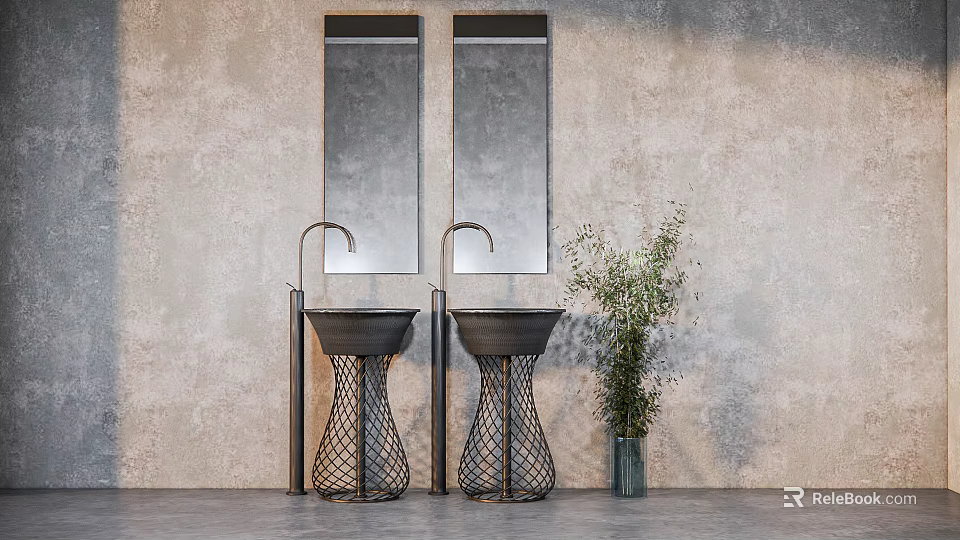 Double Black Mesh Base Washbasins With Two Mirrors And Green Plant By Concrete Wall 3d model 