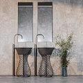Double Black Mesh Base Washbasins With Two Mirrors And Green Plant By Concrete Wall