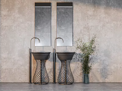 Double Black Mesh Base Washbasins With Two Mirrors And Green Plant By Concrete Wall 3d model
