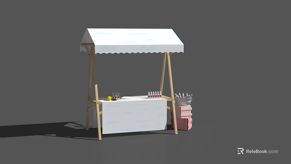 Outdoor Market Stall With White Canopy Wooden Frame Table Fruits And Pink Boxes 3d model 