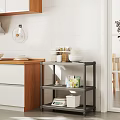 Iron Storage Rack In Modern Kitchen With Microwave Pots Fruits
