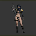 Female Combat Character In Bikini Blue Headscarf Holding Rifle With Black Boots And Armor