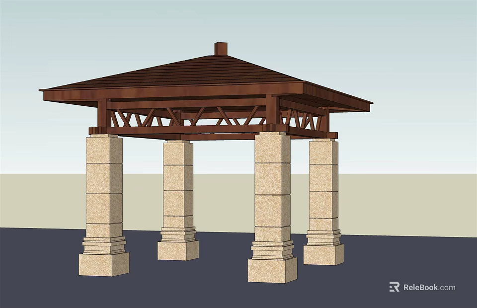 Traditional Gazebo With Sloped Wooden Roof And Stone Support Pillars 3d model 