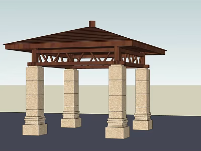 Traditional Gazebo With Sloped Wooden Roof And Stone Support Pillars 3d model