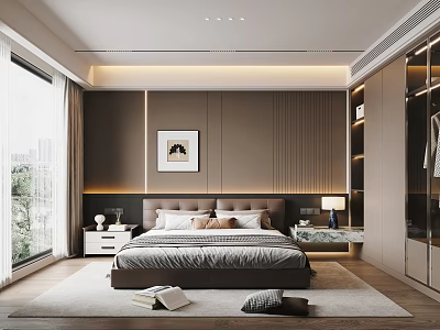 Modern Bedroom Interior With Large Bed Nightstands Table Lamps Framed Artwork Wardrobe And Area Rug 3d model