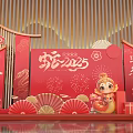 2025 Snake Year Check in Photo Spot with Red Background Plum Blossoms Fans and Cartoon Snake