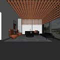 Modern Living Room Interior With Wooden Lattice Ceiling Dark Gray Walls And Large Windows