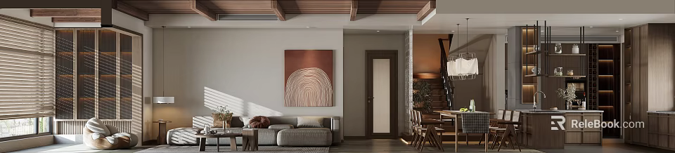 Modern Living and Dining Area Interior With Gray Sofa Wall Artwork and Wooden Dining Table 3d model 