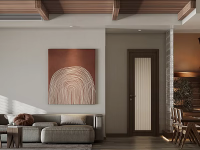 Modern Living and Dining Area Interior With Gray Sofa Wall Artwork and Wooden Dining Table 3d model