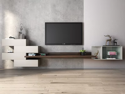 Modern TV Stand With Wall Mounted TV Wooden Shelves And Decorative Items 3d model