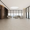 Elegant Modern Office Open Space With Sofas Round Coffee Tables Large Windows And Wooden Bookshelves