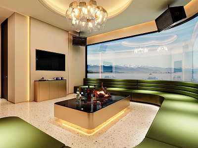 Modern KTV Room With Large Screen TV Chandelier Green Sofas And Scenic View 3d model