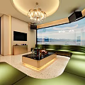 Modern KTV Room With Large Screen TV Chandelier Green Sofas And Scenic View