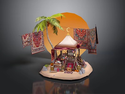 Off Road Vehicle Exploring Desert Scene With Palm Trees And Sunset Tent 3d model
