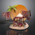 Off Road Vehicle Exploring Desert Scene With Palm Trees And Sunset Tent