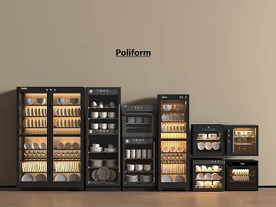 Poliform Modern Kitchen Display Cabinets With Glass Doors And Stored Dishes 3d model