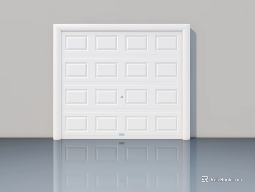 White Swing Door With Multiple Panels And Handle On Gray Wall And Reflective Floor 3d model 