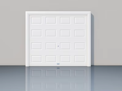 White Swing Door With Multiple Panels And Handle On Gray Wall And Reflective Floor 3d model