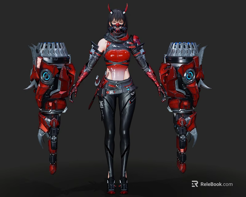 Futuristic Cyberpunk Woman In Red Top Black Tight Pants And Mechanical Arms 3d model 